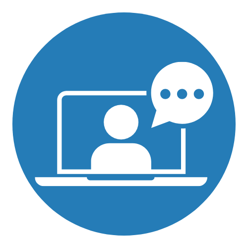 Icon with a person speaking from a laptop screen